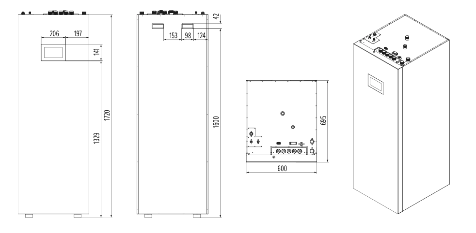 Appearance and dimensions of MHCS 035 DTS, MHCS 045 DTS indoor units